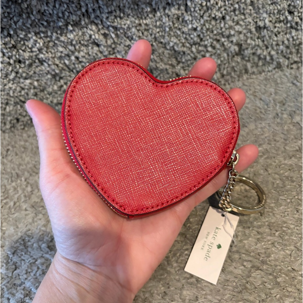NEW Kate Spade Heart Coin Purse Saffiano Leather Red Keychain - Picture 5 of 5